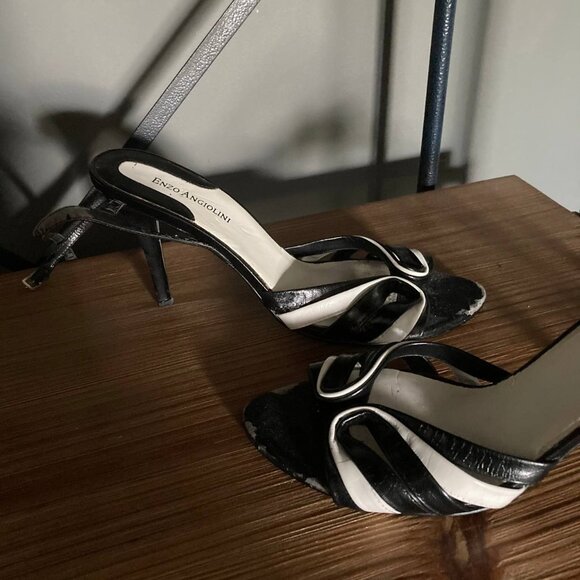 Enzo Angiolini Black and White Leather Open Peep Toe Pumps Size 10 - Picture 3 of 5